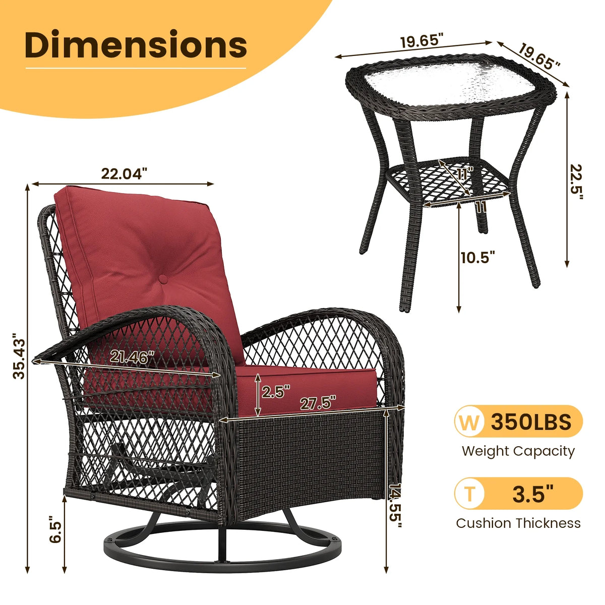 ELPOSUN 3 Pieces Patio Furniture Set, Outdoor Swivel Gliders Rocker, Wicker Patio Bistro Set with Rattan Rocking Chair, Glass Top Side Table and Thickened Cushions for Porch Deck Backyard