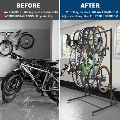 Floor Bike Rack Garage Free Standing with 5 Hooks,Vertical Bike Stand Bicycle Storage,Bike Hangers for Garage Indoor Use for 5 Bicycles, Metal Floor Mount,Up to 300lbs,46in W,Adjustable Height