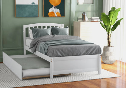Aukfa Twin Platform Bed with Trundle - Trundle Bed with Headboard for Kids Teens - White
