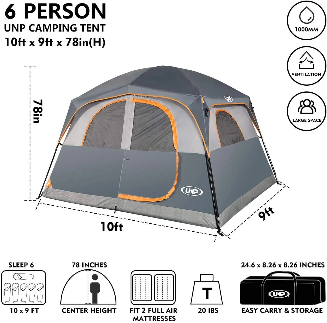 UNP Tents 6 Person Waterproof Windproof Easy Setup,Double Layer Family Camping Tent with 1 Mesh Door & 5 Large Mesh Windows -10'X9'X78in(H)