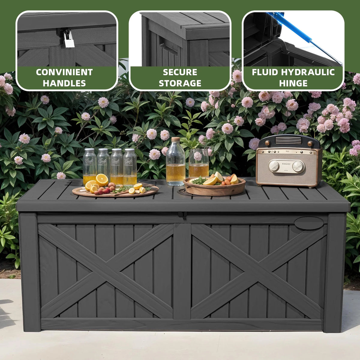 Uforic Outdoor 120 Gallon Large Resin Deck Box, Outdoor Storage Boxes with X-Shaped Front, for Patio Garden, Waterproof & Lockable, Light Brown