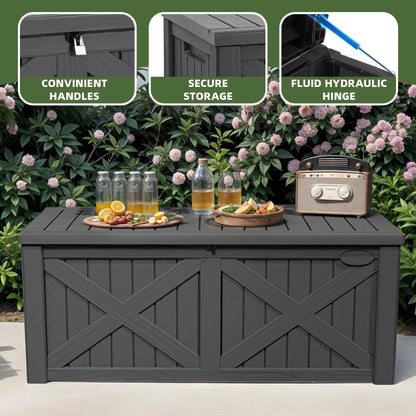 Uforic Outdoor 120 Gallon Large Resin Deck Box, Outdoor Storage Boxes with X-Shaped Front, for Patio Garden, Waterproof & Lockable, Light Brown