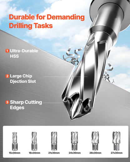 VEVOR Magnetic Drill, 1450W Motor 2 in Boring Diameter, 2878 lbf Portable Electric Mag Drill Press, with 6 Coring Bits, Variable Speed, Drilling Machine for Metal Surface, Home Improvement Industry