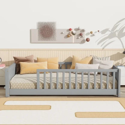 Bellemave Twin Size Floor Bed with Fence, Montessori Floor Twin Bed with Built-in Book Rack, Solid Wood Twin Bed with Slats and Safety Guardrails, Natural