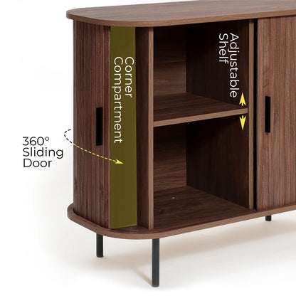 LuxenHome 35" Mid Century Modern Accent Cabinet, Small Buffet Cabinet with Sliding Door, Oak