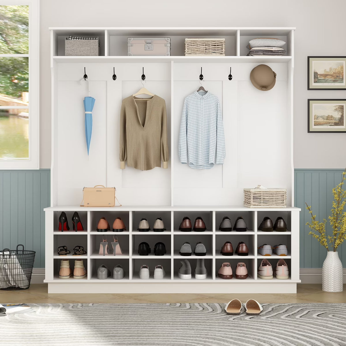 Kerrogee Large Hall Tree for Entryway Coat Rack Shoe Bench with Bottom Storage