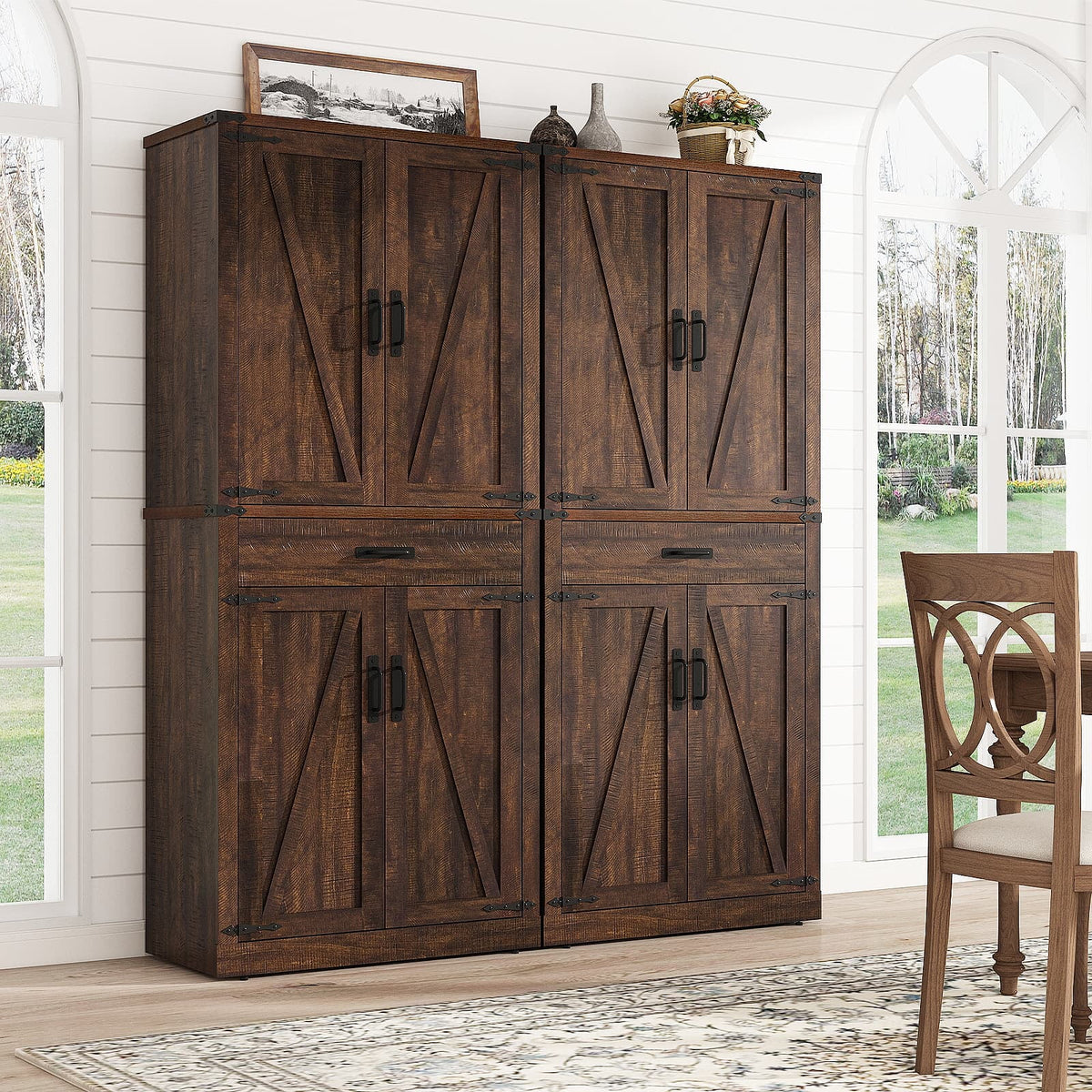 72" Tall Farmhouse Kitchen Pantry Cabinet w/1 Drawer & 4 Roomy Storage Shelves, Versatile Wood Storage Cabinet with 4 Barn Door & Adjustable Shelves &  for Dining Room Bathroom Utility Room