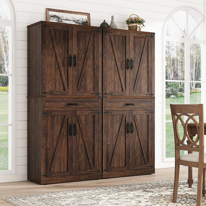 72" Tall Farmhouse Kitchen Pantry Cabinet w/1 Drawer & 4 Roomy Storage Shelves, Versatile Wood Storage Cabinet with 4 Barn Door & Adjustable Shelves &  for Dining Room Bathroom Utility Room
