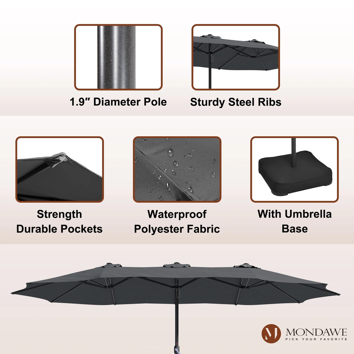 Mondawe 15ft Patio Umbrella Rectangular Outdoor Market Umbrella with Base and LED Lights Beige
