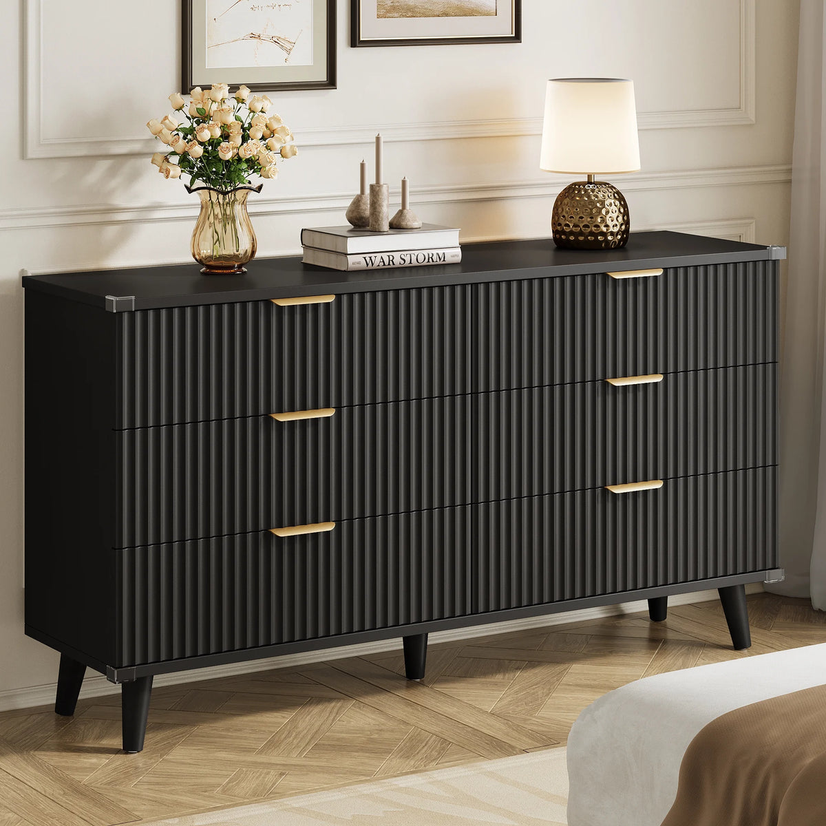 GIKPAL Bedroom Dresser and Nightstand 3 Piece Set - Includes Boho Double 6 Drawer Storage Dresser, Nightstand Set of 2 with Charging Station, Modern Bedroom Set, Natural