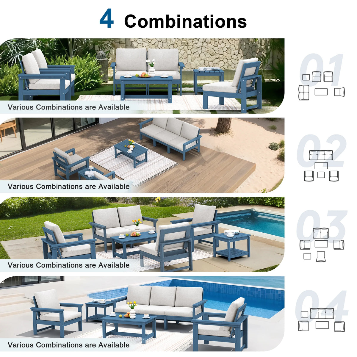 SERWALL Outdoor Patio Furniture Set, 7-Piece HDPE Outdoor Sofa Set Patio Conversation Set, Black Frame with Beige Cushions
