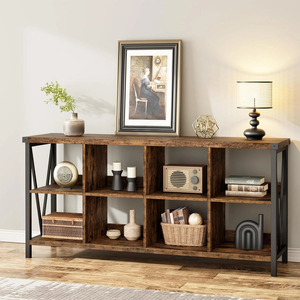 WALYWIK 8 Cube Storage Organizer Bookshelf, 3 Tier Metal Horizontal Bookcase, 62 Inch Console Bookshelfs, Industrial Storage Bookcase for Entryway, Long Low Book Shelf for Living Room-Grey
