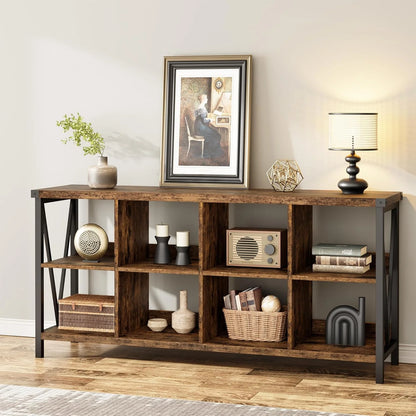 WALYWIK 8 Cube Storage Organizer Bookshelf, 3 Tier Metal Horizontal Bookcase, 62 Inch Console Bookshelfs, Industrial Storage Bookcase for Entryway, Long Low Book Shelf for Living Room-Grey