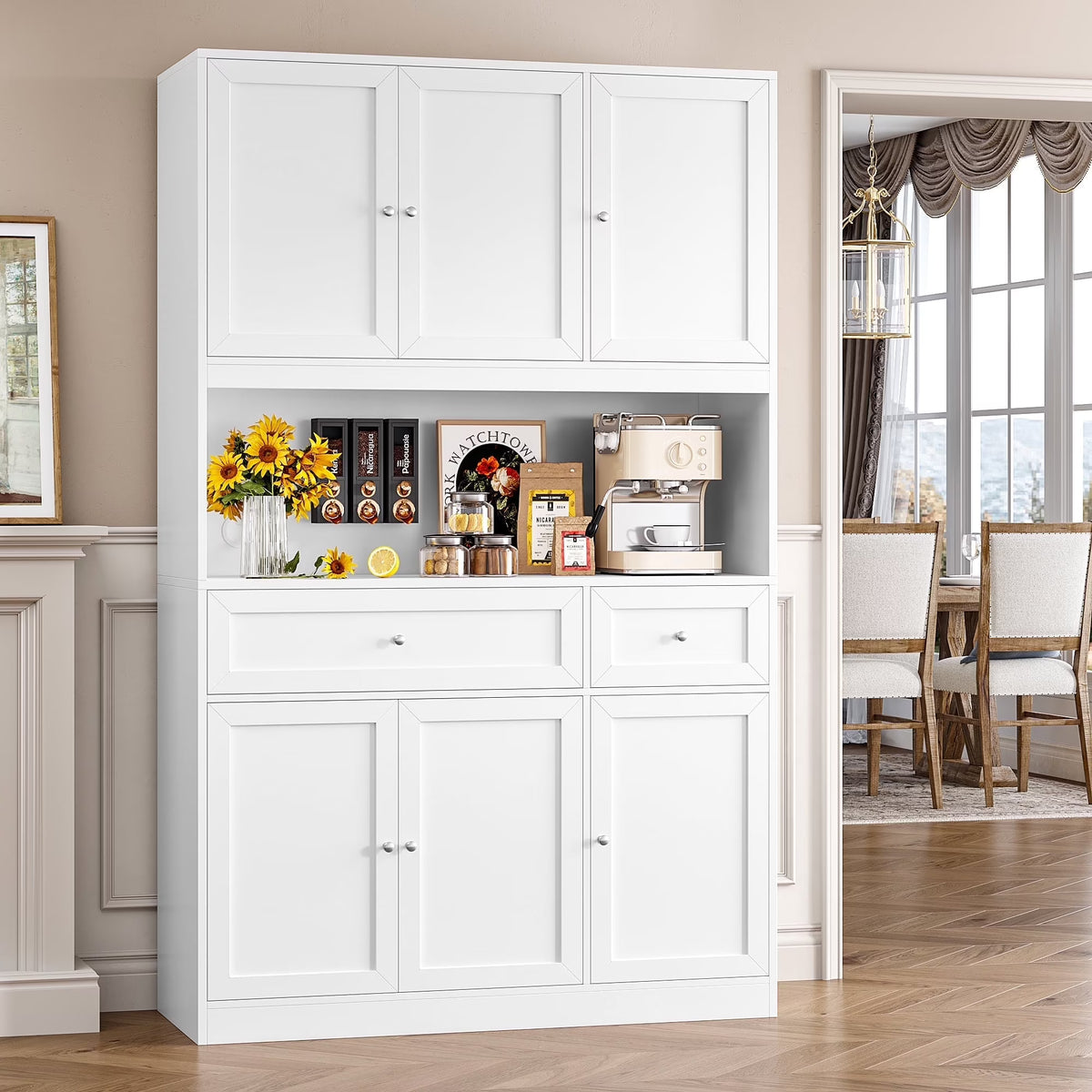 Homfa 72" Tall Kitchen Pantry with Microwave Shelf, Freestanding Kitchen Cupboard, Floor Cabinet for Dining Room, White