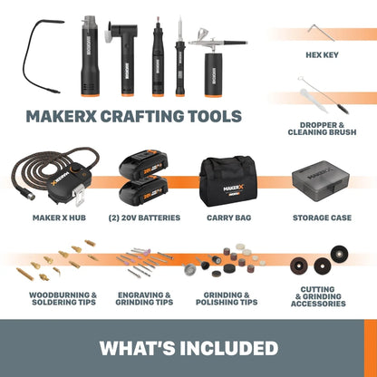 Worx MakerX WX996L 6 Tool Kit: Rotary Tool, Wood & Metal Crafter, Air Brush, Hot Air Blower, Grinder and LED Flex Light in Carry Bag