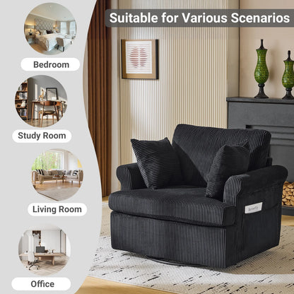 Ktaxon Swivel Accent Chair, 360-Degree Rotation Reading Chair, Corduroy Fabric Sofa with Armrest Pockets, Solid Metal Base, Perfect for Living Room Bedroom Black