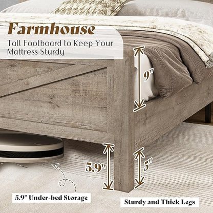 Merluxy Farmhouse Full Bed Frame with Storage Bookcase & Charging Station, Bedroom Furniture, Grey