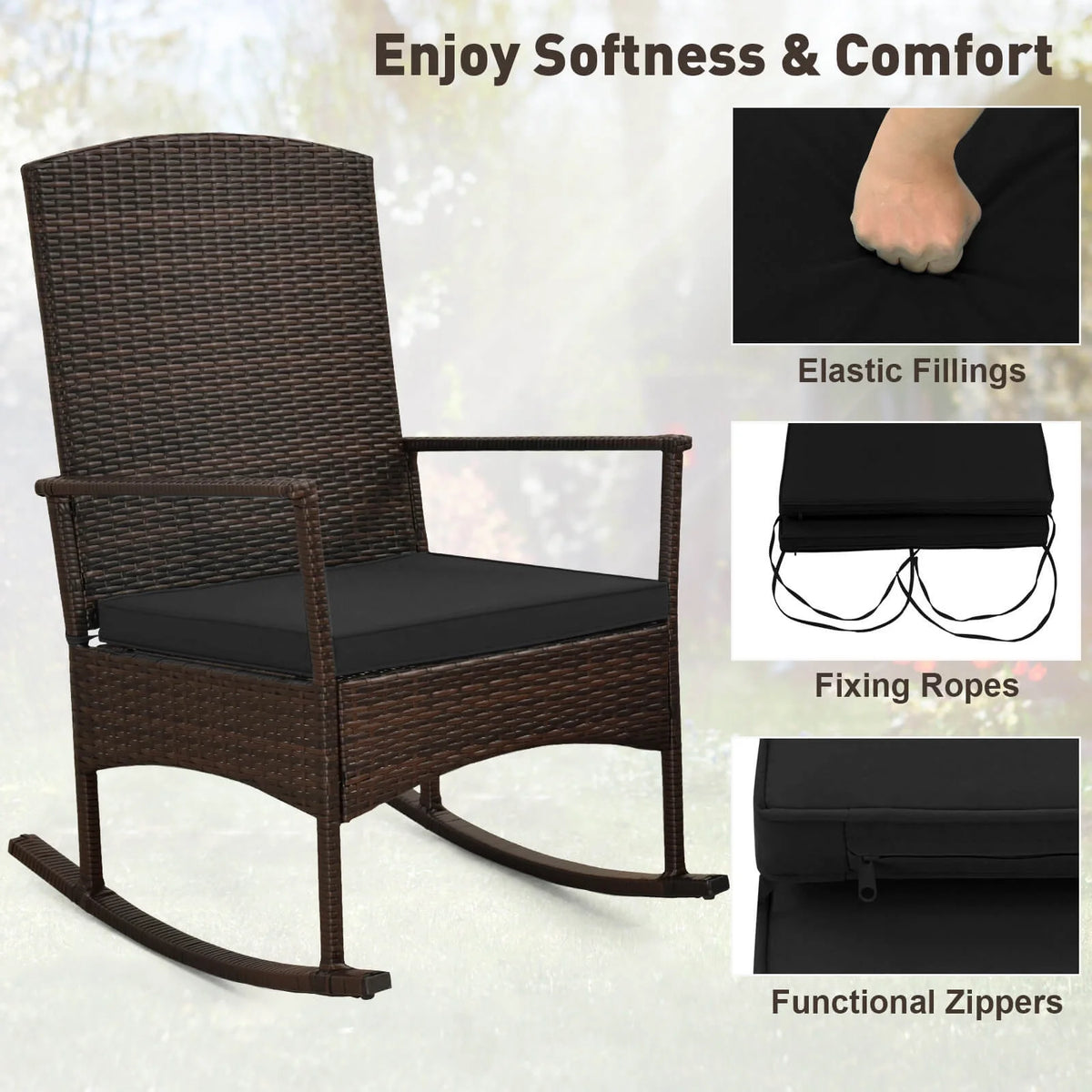 Costway Serenity 3 Piece Patio Rocking Wicker Rockers with White Cushions 2 Tier Coffee Table