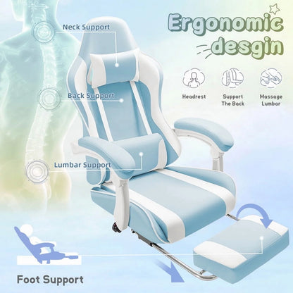 Lacoo PU Leather Gaming Chair Massage Ergonomic Gamer Chair Height Adjustable Computer Chair with Footrest & Lumbar Support, White