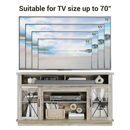 TROPOW Tv Stands for Living Room,Modern Entertainment Center with 2 Acrylic Doors,Led Light Media Console,TV Cabinet with Power Outlets & Adjustable Shelves for Living Room Bedroom,Gray