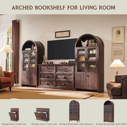 IFGET 71-Inch Arched 4-Tier Bookcase with Glass Doors and Drawers
