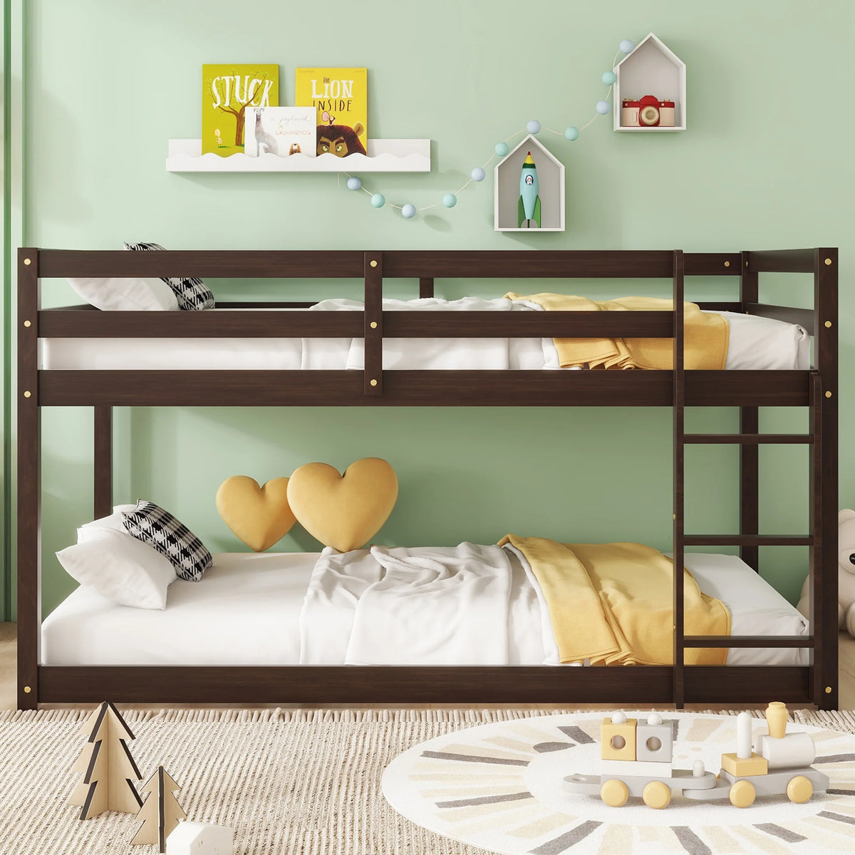 SESSLIFE Bunk Bed Twin Over Twin, Low Floor Bunk Bed with Guard Rails for Dorm, Small Space, No Box Spring Needed(White)