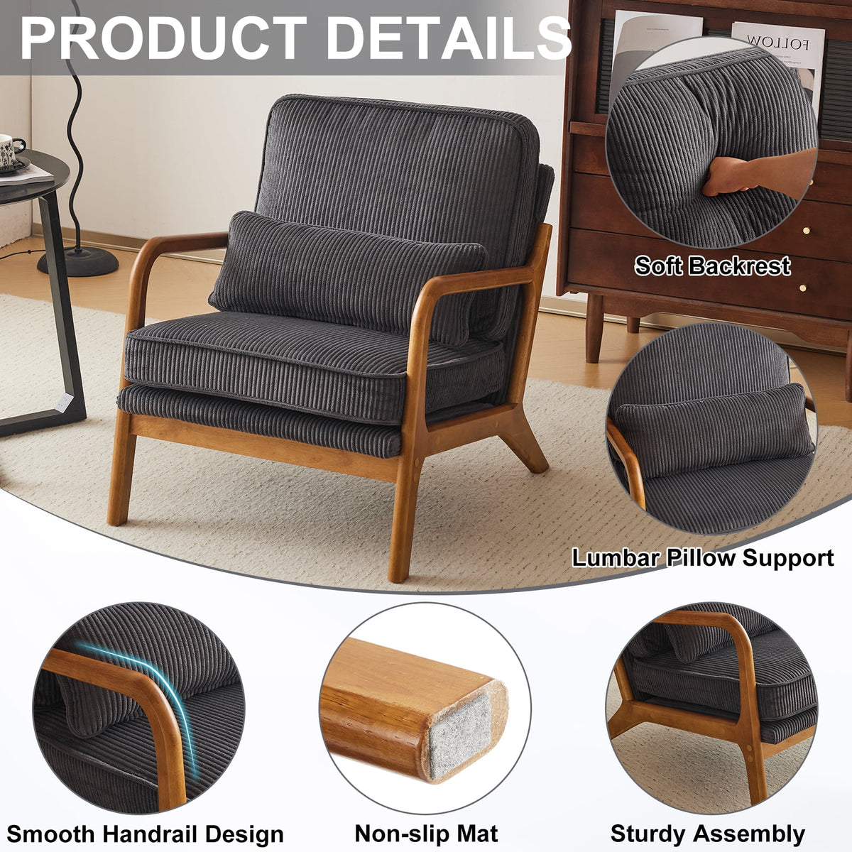 Ktaxon Accent Chair Corduroy Upholstered Armchair, Reading Club Chair with Pillow and Solid Wood Frame for Living Room Bedroom Furniture Off White