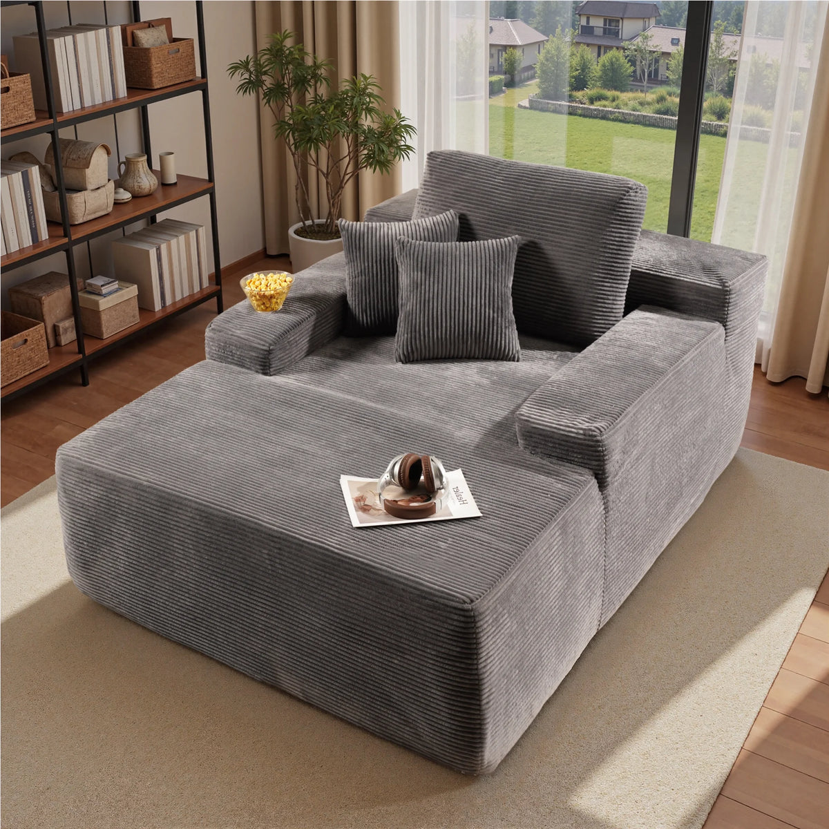 Ovios 67'' Oversized Chaise Lounge Chair Indoor Cloud Plush Corduroy Floor Sofa Bed Deep Seat No Assembly Couch for Living Room, Black