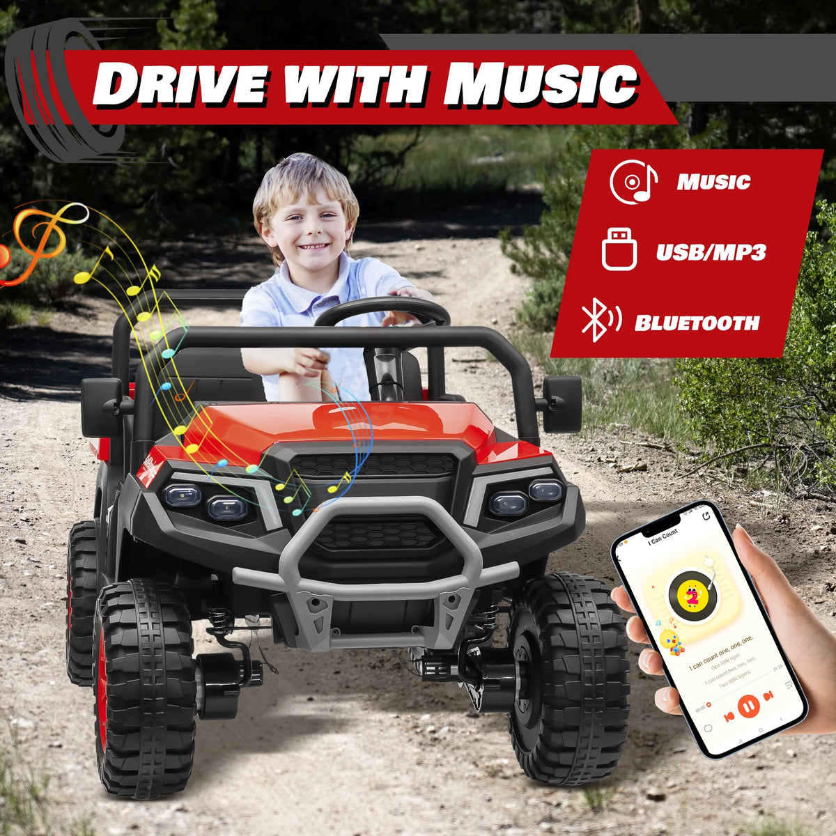 Joyracer 4WD 24 Volt Ride on Toys UTV with 2 Seater & Remote Control, Kids Electric Golf Cart w/ 4x200W Power Motors, Tiltable Trailer & Shovel, 4 Wheels Spring Suspension, Bluetooth USB Music, Black