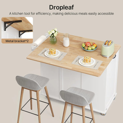 Noelse Rolling Kitchen Island with Drop Leaf Table and Hidden Trash Cabinet, Mobile Kitchen Cart with Storage Drawer, Adjustable Shelves & Rubberwood Countertop on Wheels, White