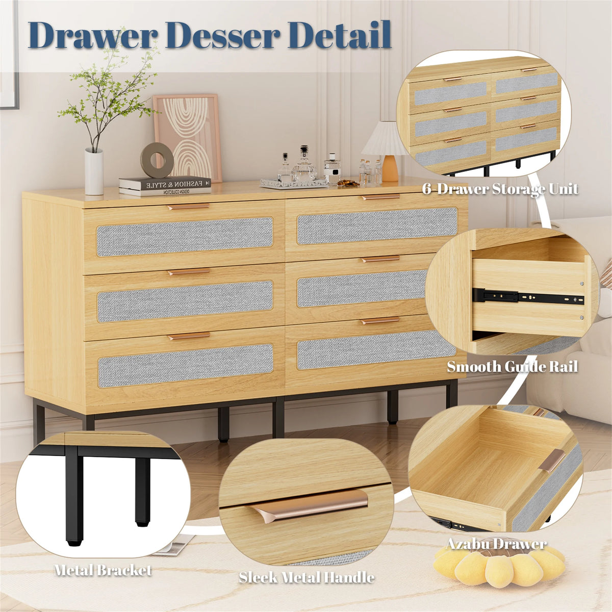 Planntonneo Boho Fluted 6 Drawer Dresser, Wooden Chests for Bedroom