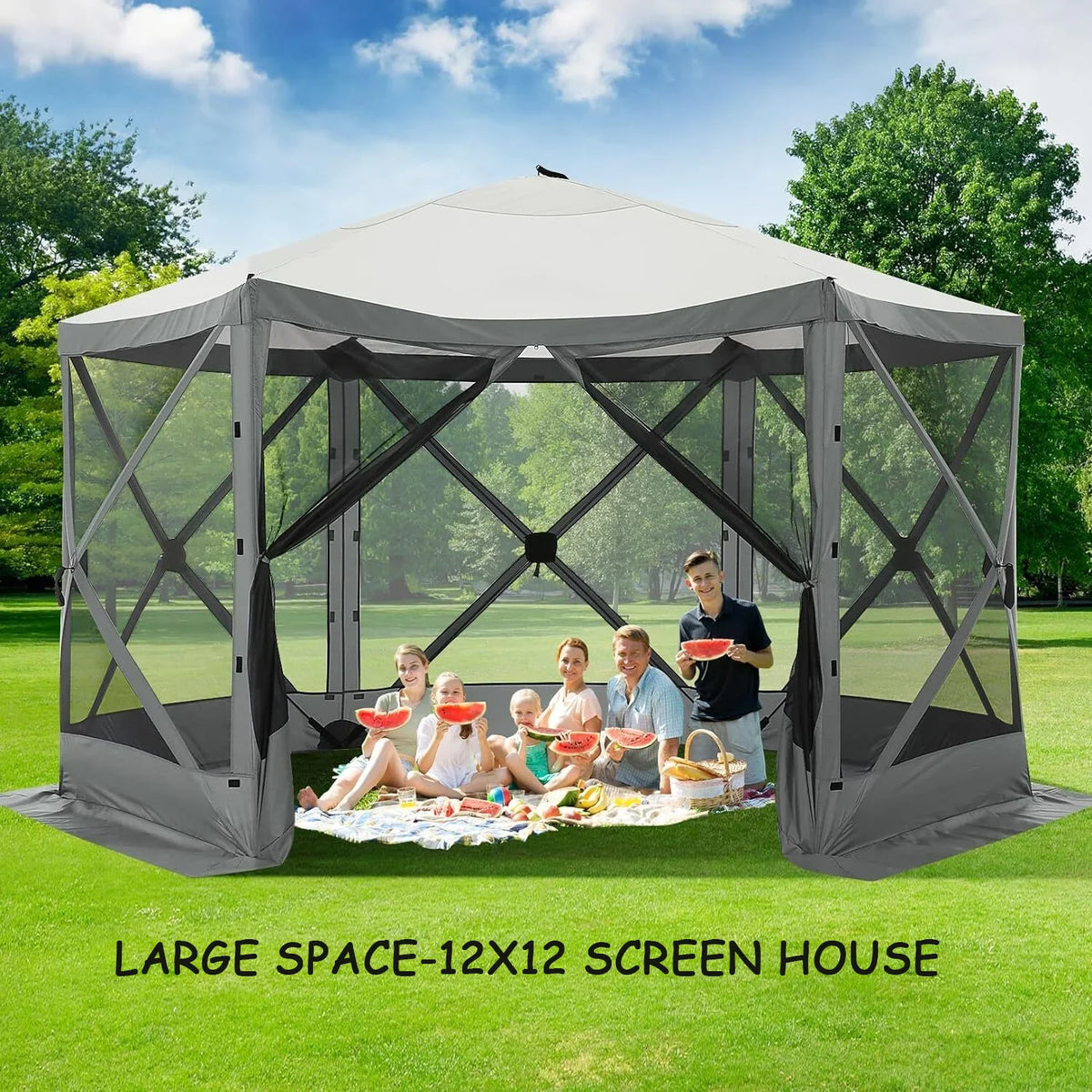 COBIZI 12x12 Pop Up Canopy Gazebo, Outdoor Canopy Tent Screen House with 5 sidewalls and Netting for Camping, Waterproof, UV Resistant, Ez Set-up Party Tent with Carrying Bag and Ground Stakes,Brown