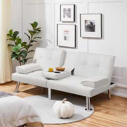 Convertible Folding Futon Sofa Bed Sleeper Couch for Living Room, Modern Faux Leather Upholstered Loveseat w/Removable Armrests, Metal Legs, 2 Cup Holders, Love Seat Sofa Bed for Small Spaces (Brown)