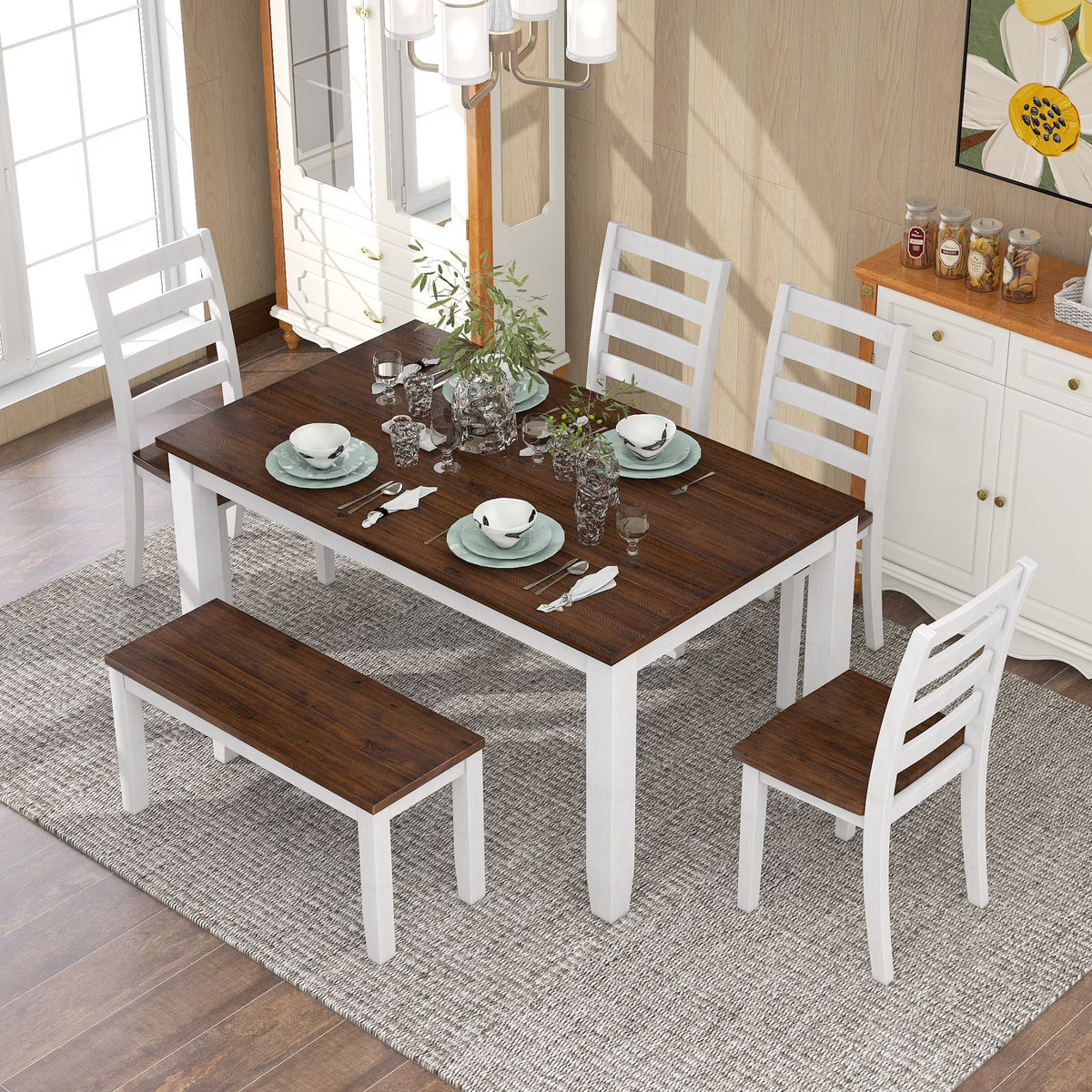 Rustic Dining table Set for 6, Wooden Rectangular Kitchen Dining Table with 4 Upholstered Dining Chairs and 1 Padded Bench, Dining Set with 4 Chairs, Dining Set for 6, Brown+Whitewash