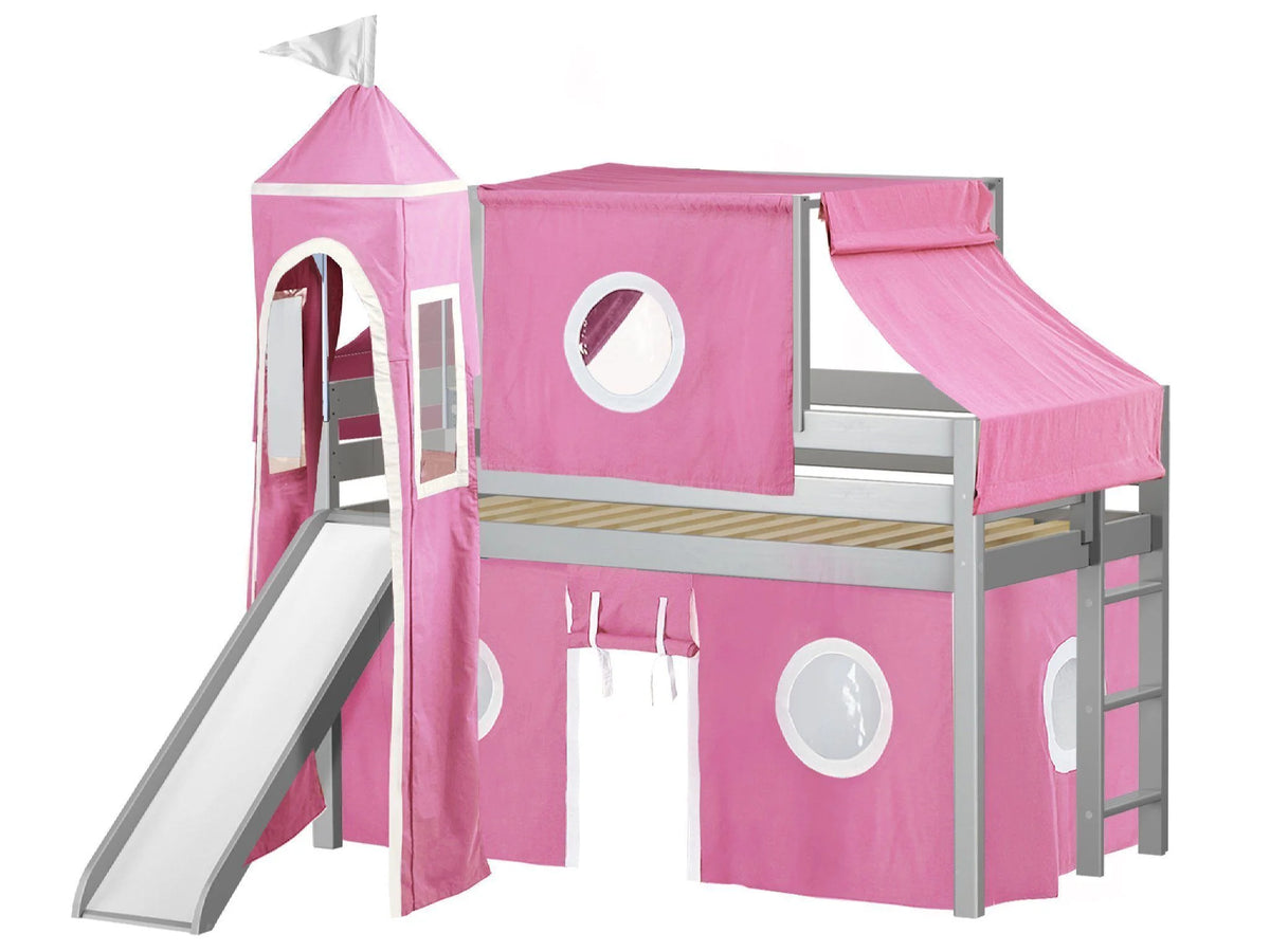 JACKPOT! Castle Low Loft Bed with Slide, Red Yellow and Blue Tent and Tower, Twin, Cherry