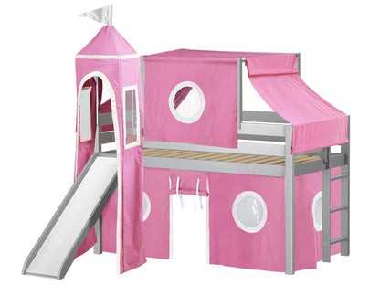 JACKPOT! Castle Low Loft Bed with Slide, Red Yellow and Blue Tent and Tower, Twin, Cherry
