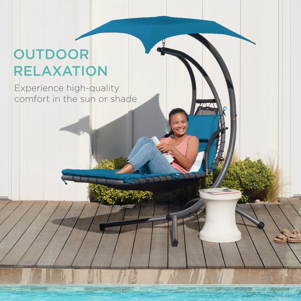 Best Choice Products Hanging Curved Chaise Lounge Chair Swing for Backyard, Patio w/ Pillow, Shade, Stand - Teal