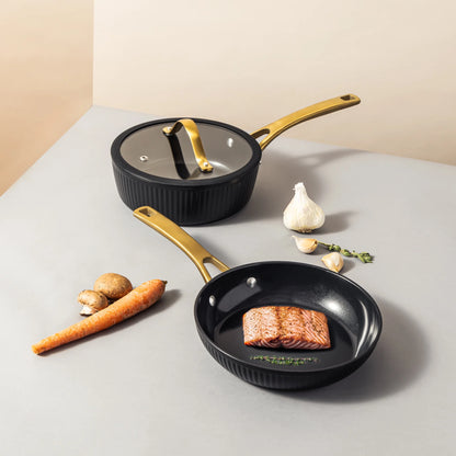 Thyme & Table 12-Piece Nonstick Signature Ribbed Cookware Set, Pots and Pans Set - Black & Gold