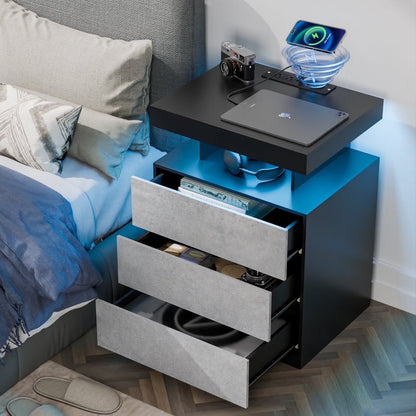 Hommpa LED Nightstand Wireless Charging Station USB Type C Outlets Bedside Table 3 Drawers Black Night Table Modern Smart Nightstand High Gloss End Side Table for Bedroom Furniture 26.8" Tall