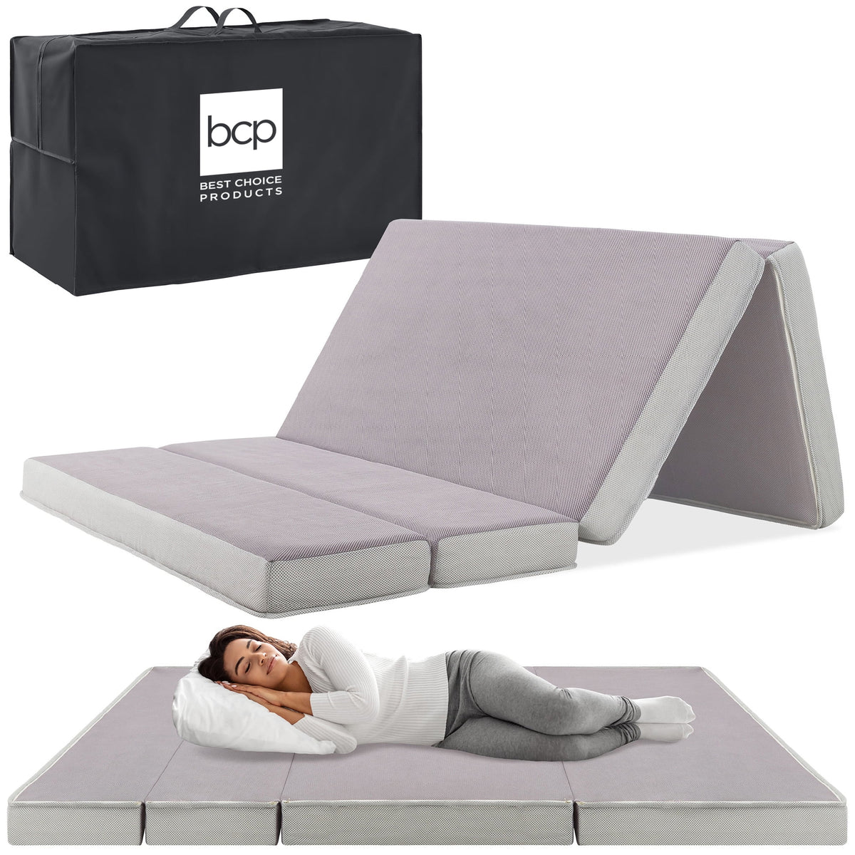 Best Choice Products 4in Thick Folding Portable Twin Tri-Fold Mattress w/ Carry Case, Washable Cover - Gray