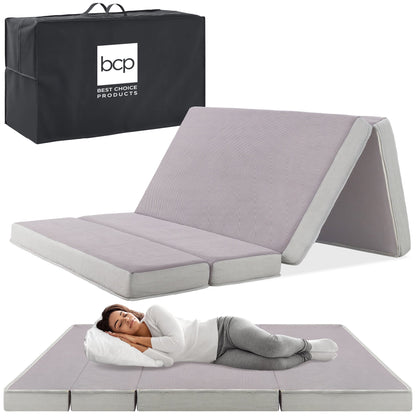 Best Choice Products 4in Thick Folding Portable Twin Tri-Fold Mattress w/ Carry Case, Washable Cover - Gray