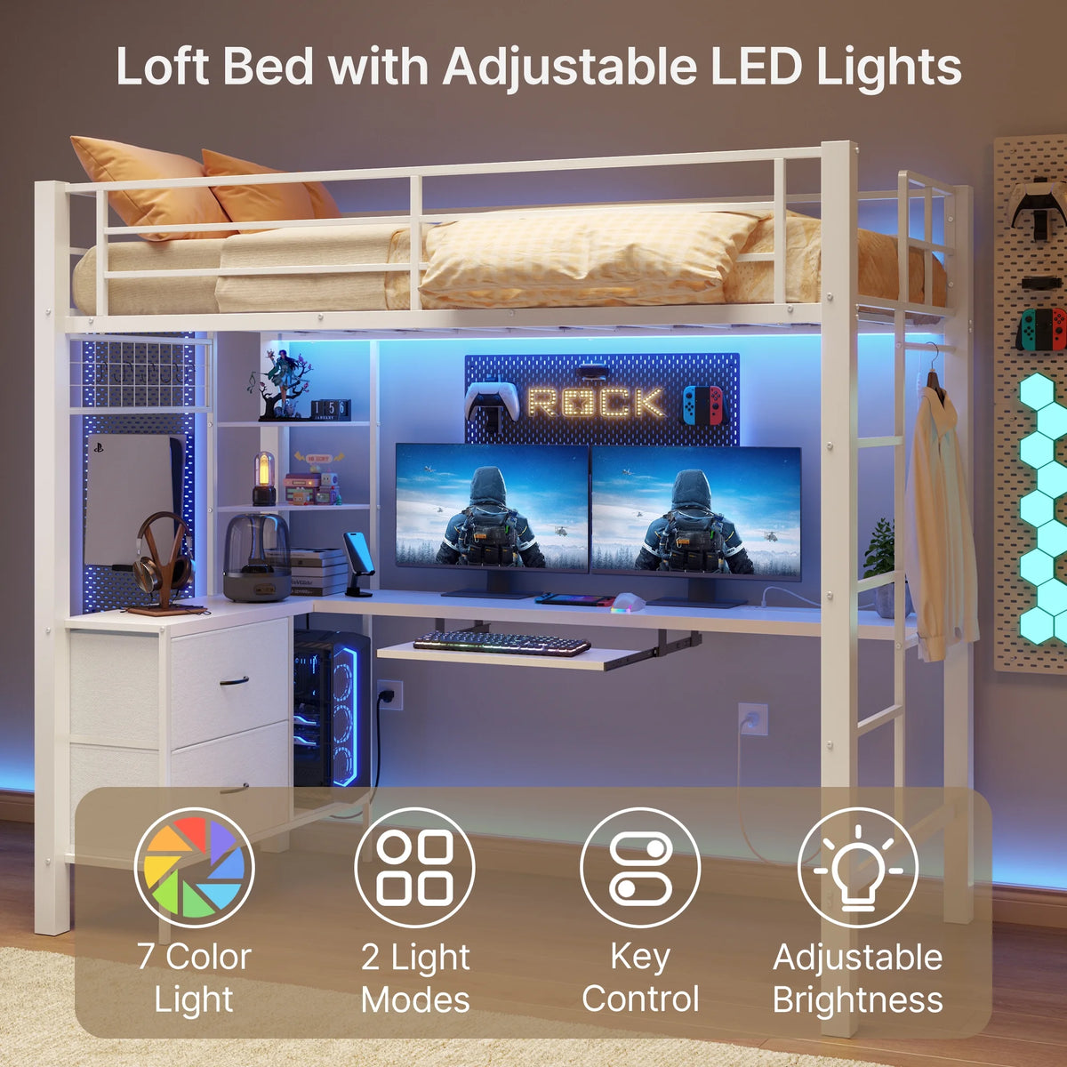 Lofka Twin Loft Bed with L-Shaped Desk, RGB Lights & Charging Station, 400lb Capacity Metal Frame, 3 Shelves & 2 Drawers, Easy Assembly��White