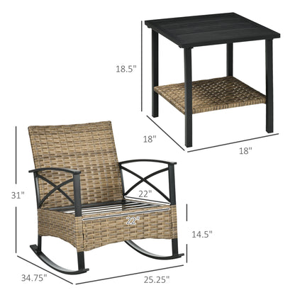Outsunny 3pc Rocking Chair Set w/ Cushions, Wicker Bistro Set, Blue