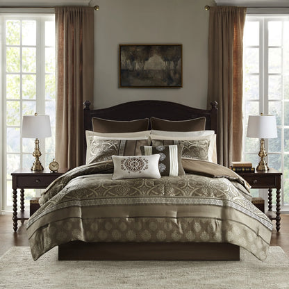 Home Essence Dennie 16 Piece Jacquard Complete Bedding Set With 2 Sheet Sets, King, Brown
