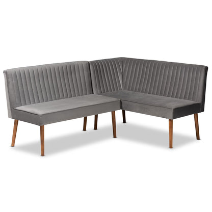 Baxton Studio Alvis Mid-Century Velvet Dining Nook Banquette Set(2PC) Emerald Green, Walnut Brown