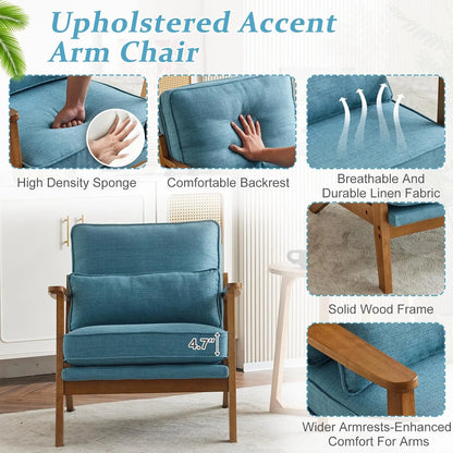 RWTFGV Solid Wood Wide Armrests Accent Chair,Upholstered Mid Century Modern Chair with Pillow,Comfy Reading Chair Farmhouse Arm Chair,Chairs Living Room,Bedroom,Guest Room,Linen Fabric,Beige