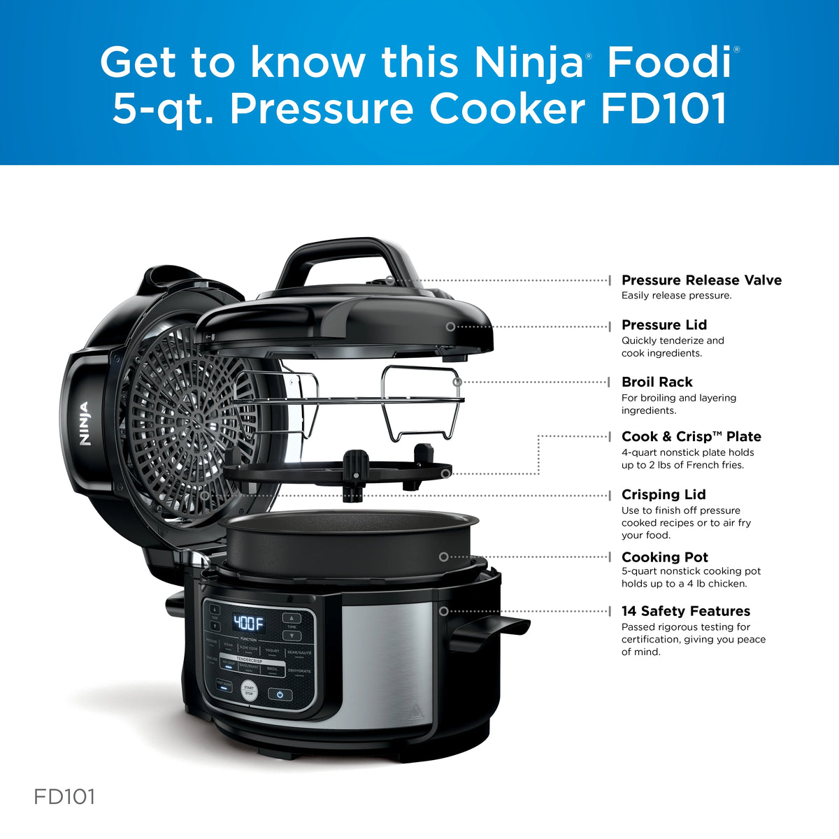 Ninja Foodi 10-in-1 5 Qt Pressure Cooker, Steamer, Bake, Broil, Dehydrate, Air Fryer, Non-Stick, FD101 Stainless Steel