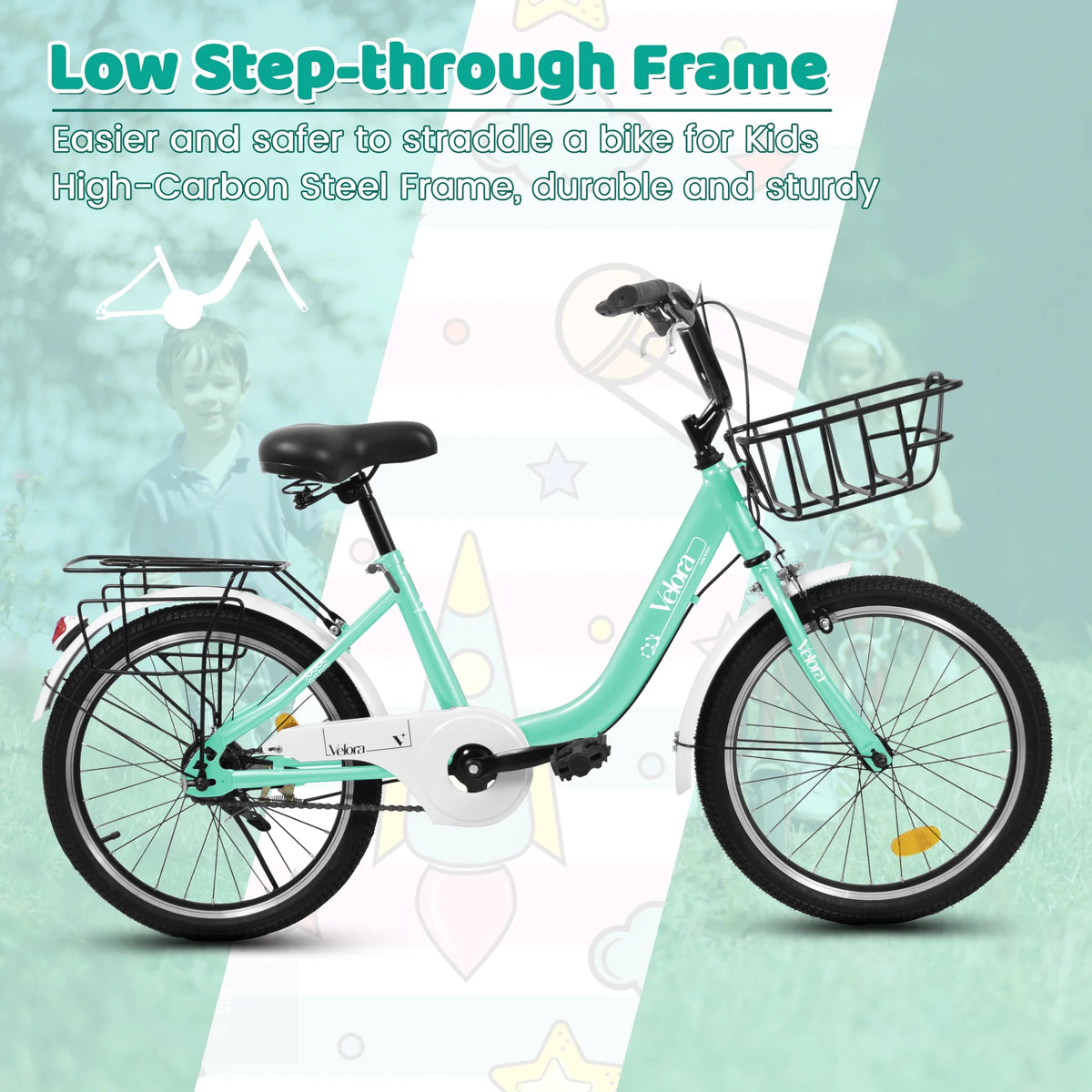 20 Inch Kids Bike for Boys Girls, 1 Speed Children Bicycle with Basket, Rear Seat, Chain Guard, Coaster Brake and V-Brake, Steel Frame Kids Bike for Ages 6-12 Years Old Birthday Gift, Purple