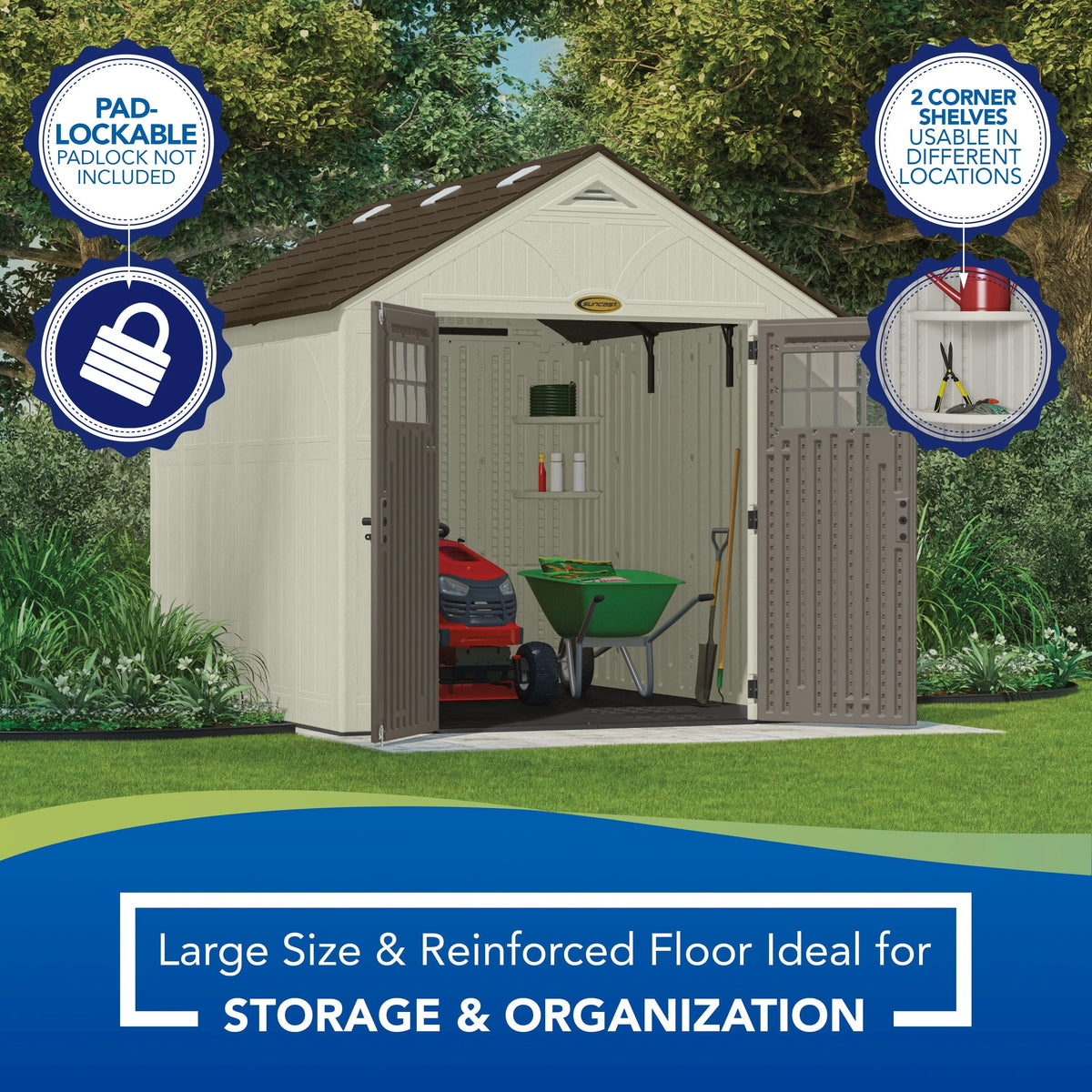 Suncast Metal and Resin Storage Shed, Vanilla, 8ft x 10ft, 547 Cu. ft. coverage area