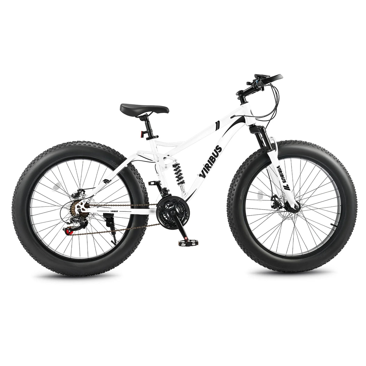 VIRIBUS 26" Fat Tire Mountain Bike Full Suspension Bike with 21 Speeds Disc Brakes White